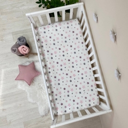 Husa saltea patuț bebe copii din bumbac 120 x 60 cm, Stelute roz-gri